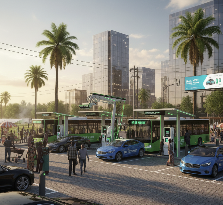 Modern electric bus at a sleek solar charging station at night